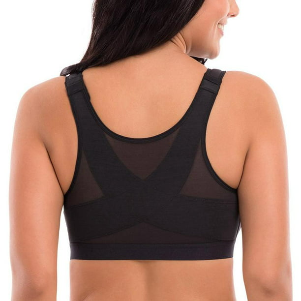 Women's Post-Surgical Front Close Sports Bra with Wide Back Support Black Nude 
